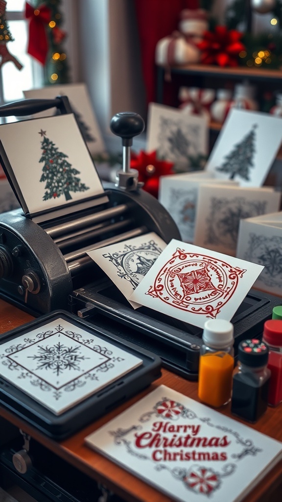 A letterpress machine with printed Christmas cards and colorful inks on a crafting table.